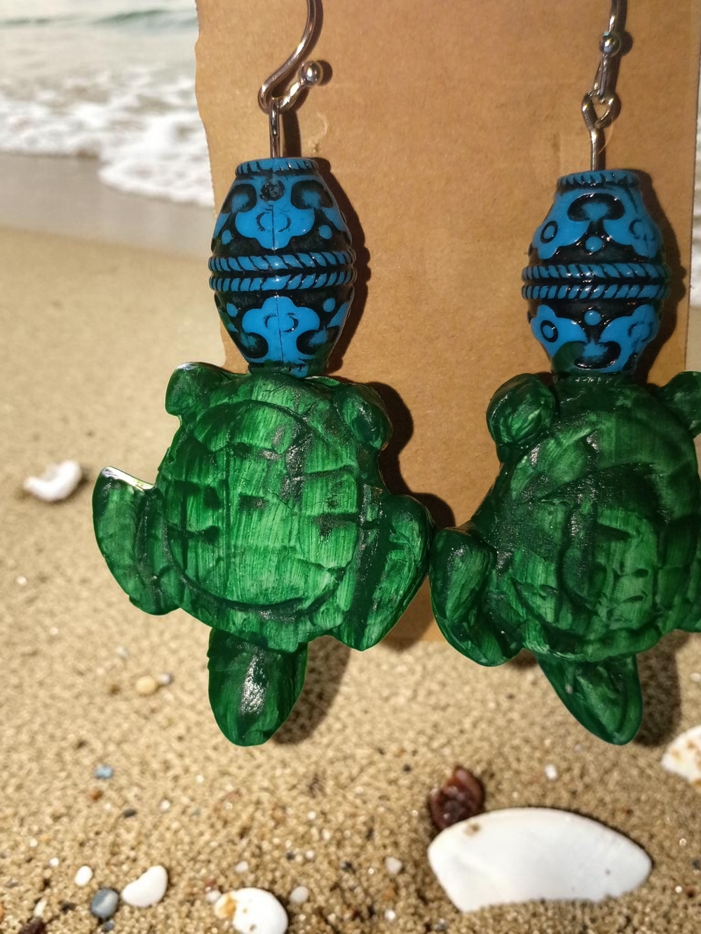 Green Sea Turtle Dangle Earrings with Blue Bead Accent